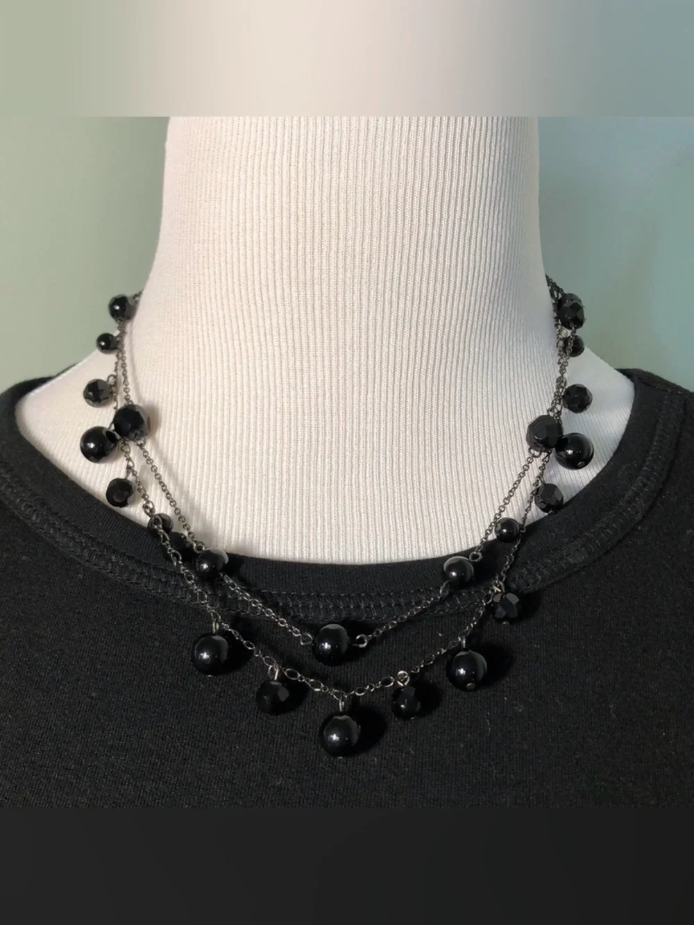 Black Multi-Strand Beaded Necklace | Faceted & Round Beads